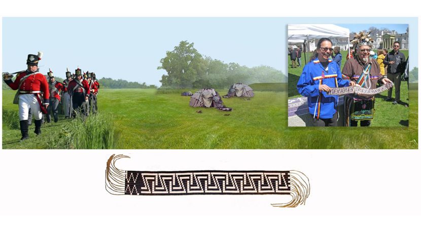 Collage of fringed belt with white and purple wampum forming a zig zap pattern.