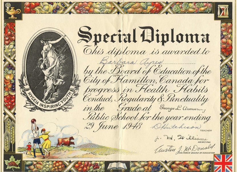 Special Diploma with depictions of healthy choices inspired by the Greek Goddess of Health 1948.