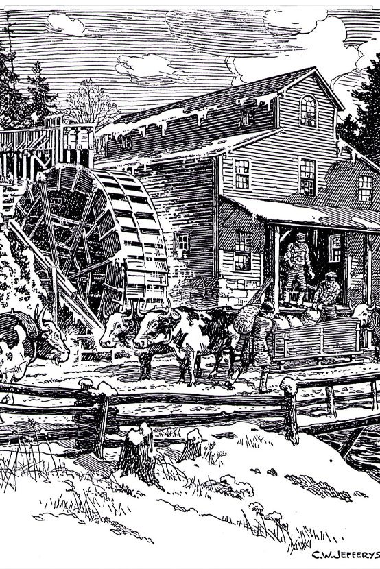Sketch of a building clad in wood and a large mill wheel with farmers bringing in their grains for milling.