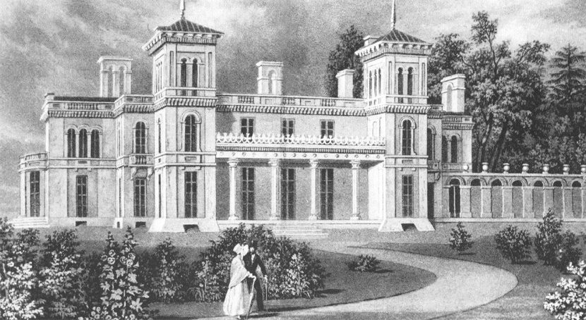 Illustration of the front of Dundurn Castle with a man and woman strolling through formal gardens.