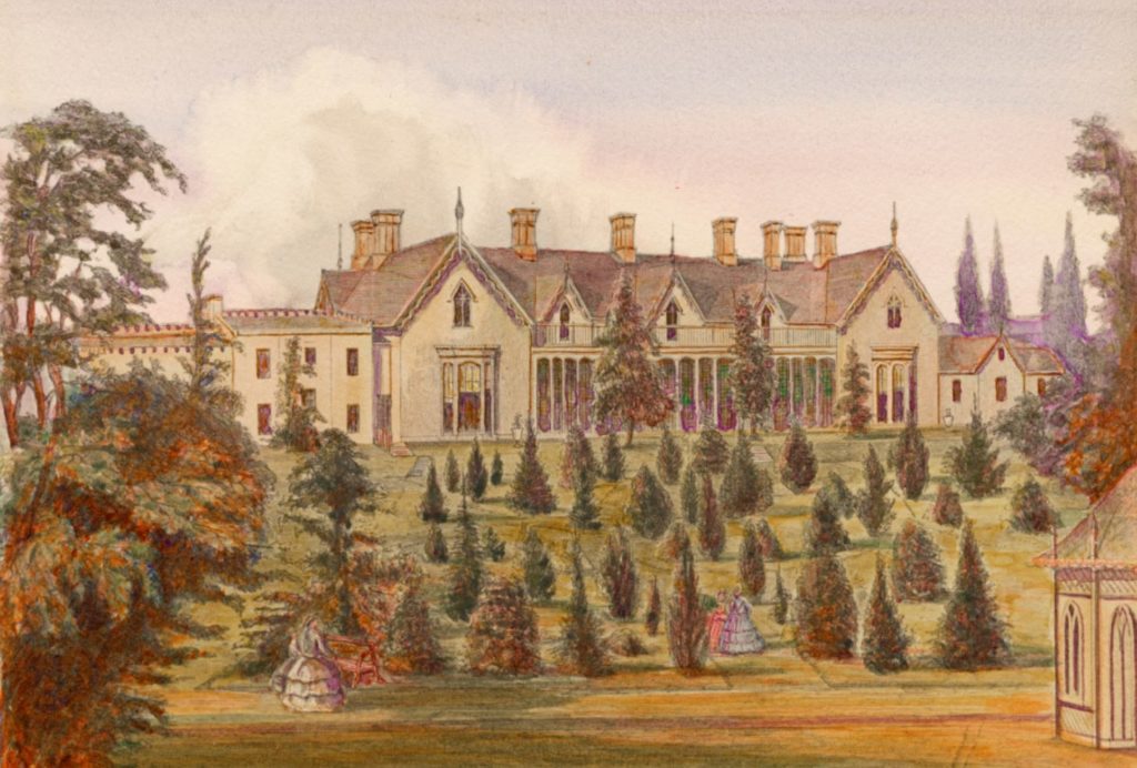 Watercolour landscape painting of Auchmar building and lush grounds.