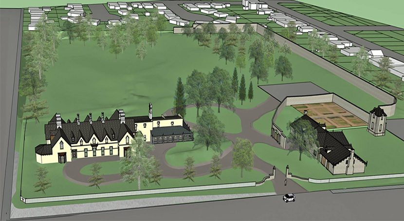 Auchmar House bird's eye-view illustration of estate layout.