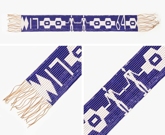 Treaty of Niagara 1764 Wampum Belt with white and purple beads in geometric shapes around two central figures.