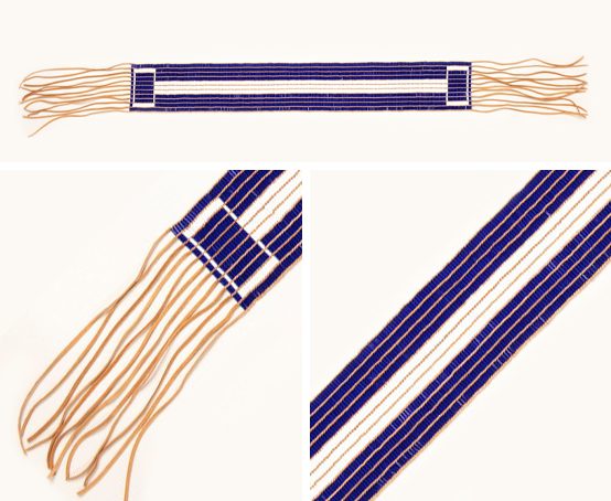 Ojibway Friendship fringed belt with white and purple wampum stripes and rectangular designs.