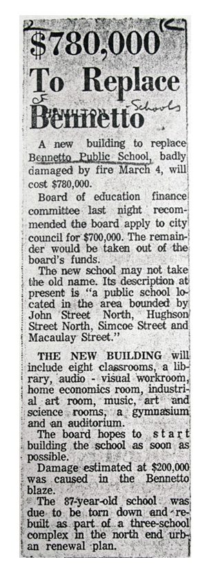 Clipping from the Hamilton Spectator, seven hundred eighty thousand dollars to replace Bennetto School .
