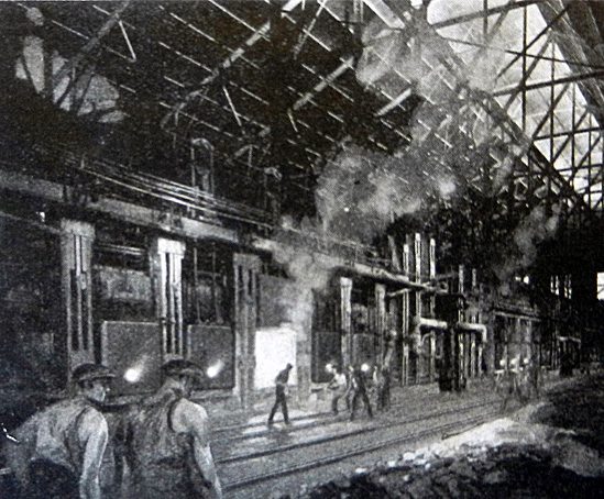 Interior rendering of the Stelco Blast Furnaces and workers.
