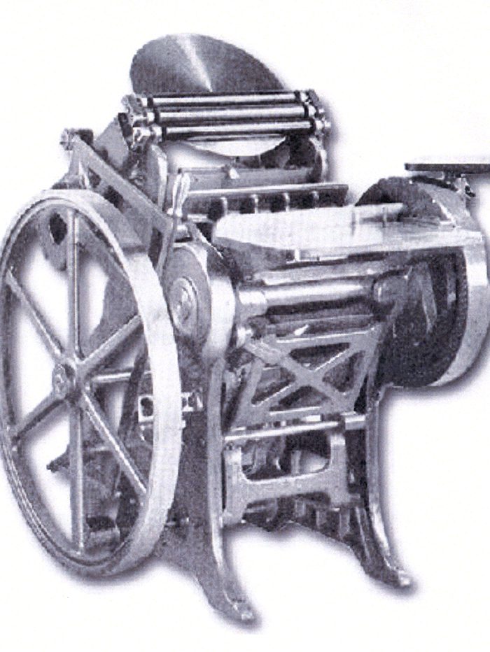 A platen press like the one at 56 Lancaster Street.