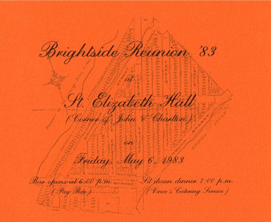 Brightside Reunion dinner ticket with black text on orange paper 1983.