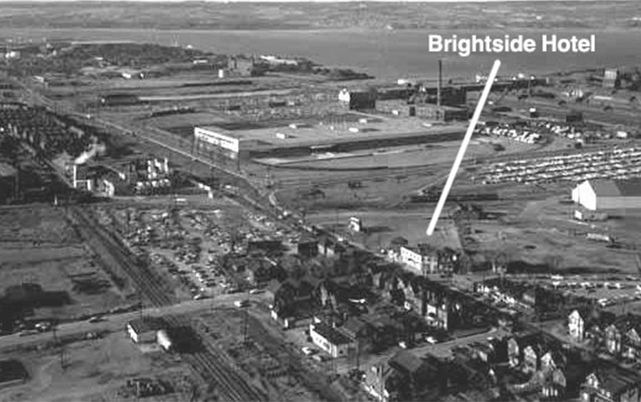 Brightside Hotel and surrounding area with Stelco and Hamilton Harbour aerial photo 1955.