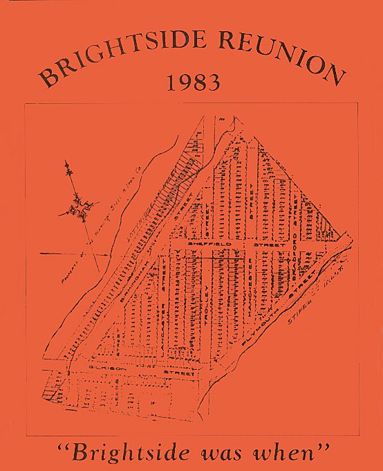 Brightside Reunion book cover with black text and map on orange paper 1983.