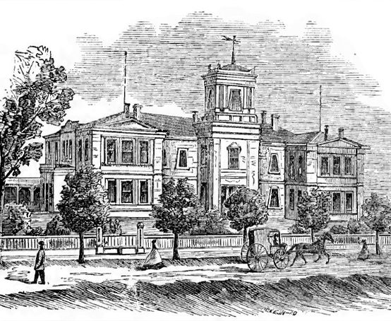 Sketch of large Georgian-style building with bell tower, fenced property and mature trees.