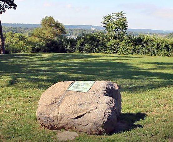 Cholera plaque mounted on large boulder located on Burlington Heights overlooking Coote's Paradise.