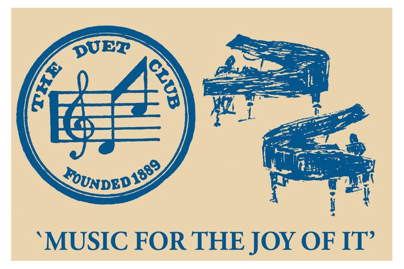 The Duet Club logo and motto "Music for the joy of it" with two drawings of a person playing piano.