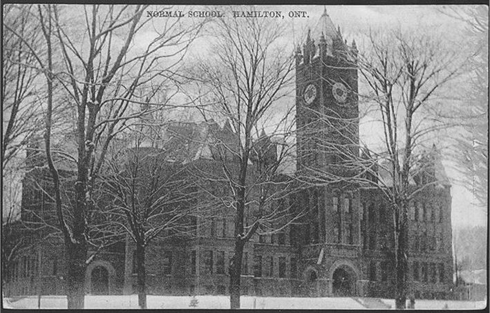 Winter image of Central Collegiate Institute and Normal School in all its Romanesque architectural splendor.