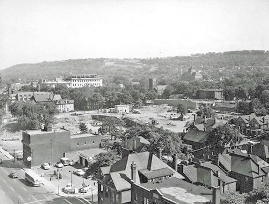 Aerial photo of construction site for new City Hall circa 1958.