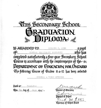 Central Collegiate Institute Graduation Diploma example 1943 .