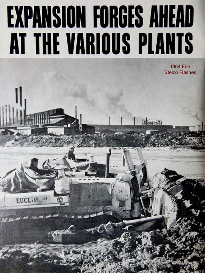 Stelco Flashes February 1964 publication with two bulldozers pushing rubble during expansion.