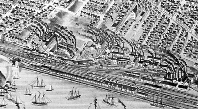 Aerial drawing of boats on the bay near railway lines, industry and neighbourhoods.