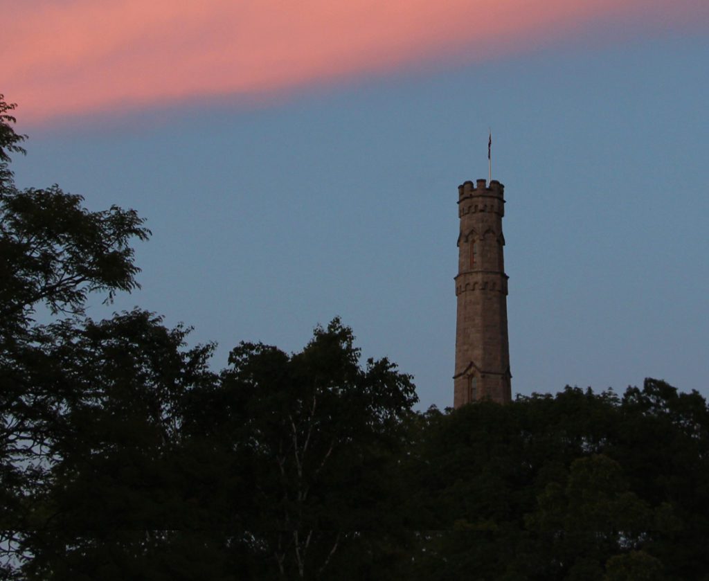 Battlefield Monument as the setting sun highlights the Gothic Revival architecture of the tower.