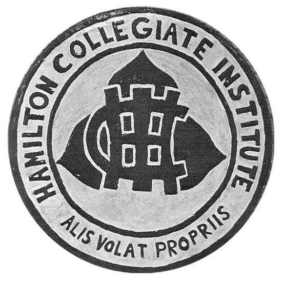 Hamilton Collegiate Institute logo with phrase in Latin "She flies with her own wings".