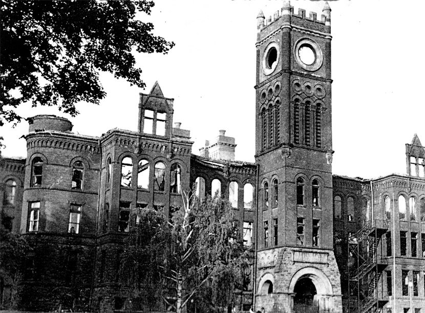 A mere shell of its former self, a close up of Central Collegiate Institute after the fire 1941.