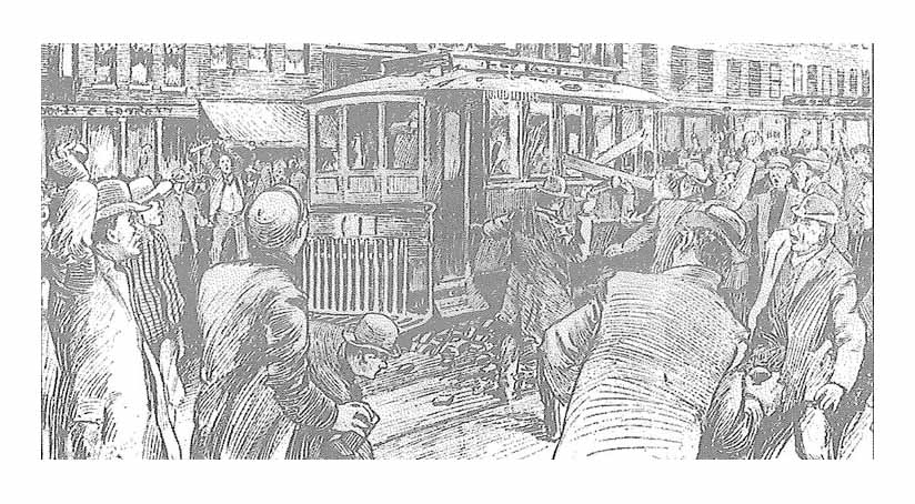 Streetcar damaged by an unruly mob 1906.