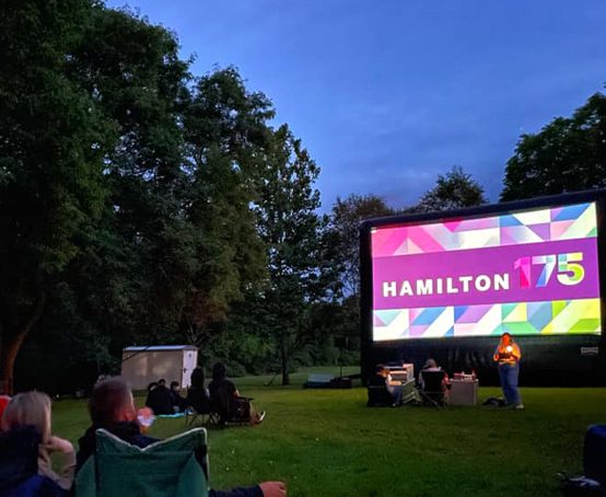 Hamilton175 movie night under the stars at Battlefield House Museum & Park National Historic Site.