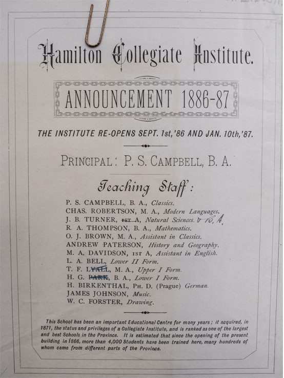 Hamilton Collegiate Staff List 1887.