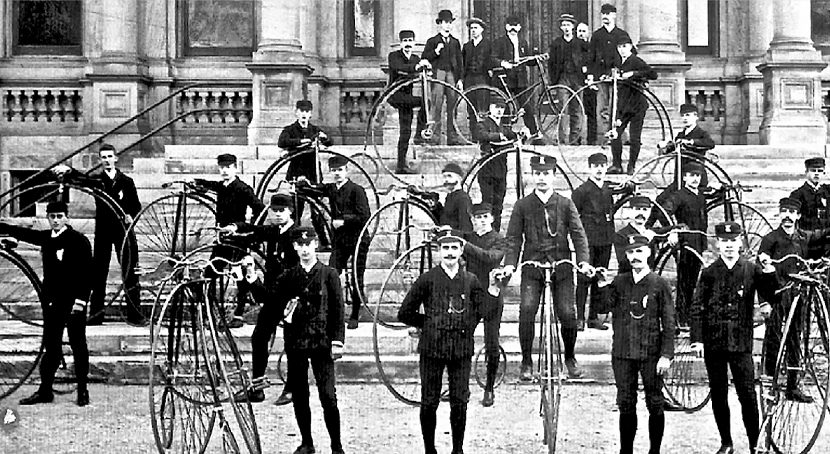 Penny-farthing Cycling Team of Hamilton on the steps of the Wentworth County Court House.