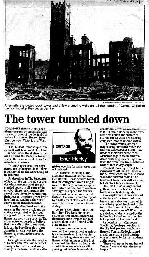 Clipping from the Hamilton Spectator The Tower Tumbled Down by Brian Henley.