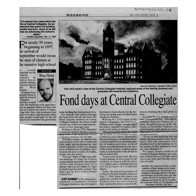 Clipping from the Hamilton Spectator about Fond days at Central Collegiate by Brian Henley.