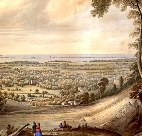 Painting of people enjoying the view from the escarpment to Lake Ontario.