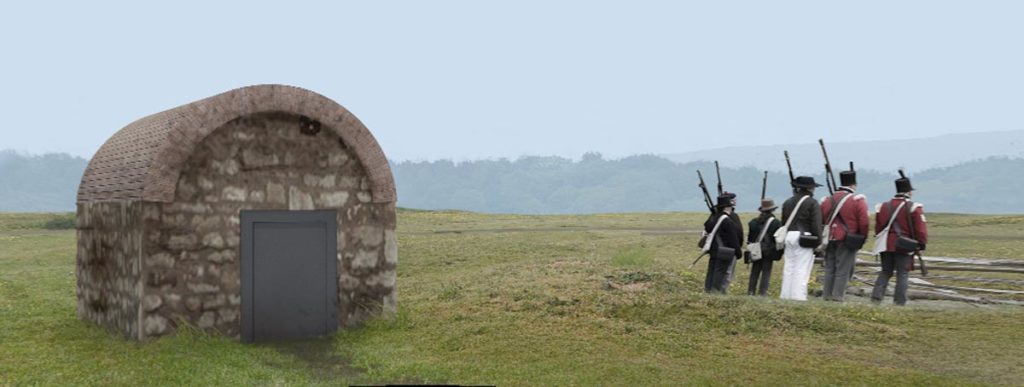 British Soldiers in a field near a powder magazine.