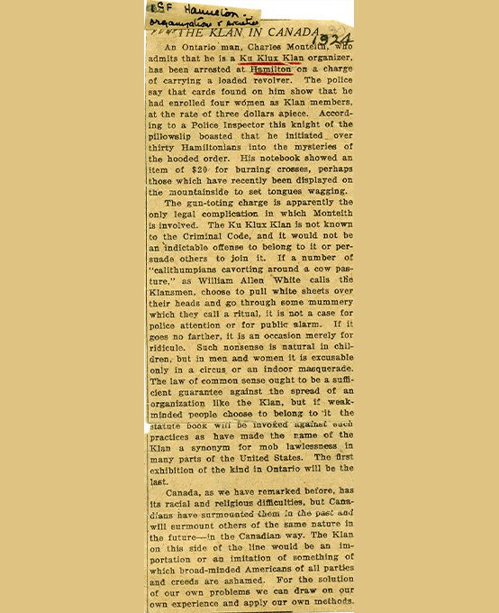Newspaper clipping about the Klan in Canada 1924.