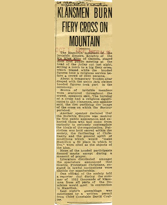 Newspaper clipping about the KKK cross burning 1931.