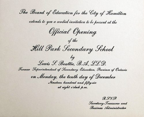 Hill Park Secondary School Opening Ceremony Invitation 1956.