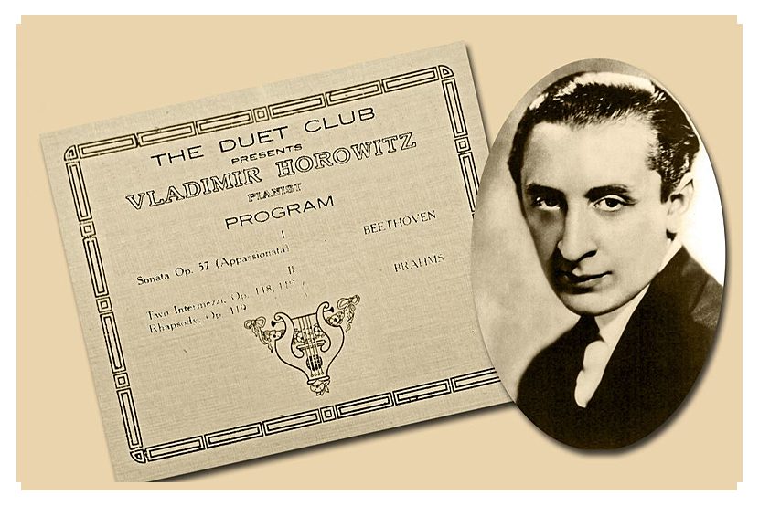 A program by the Duet Club for Vladimir Horowitz with his photo inset .