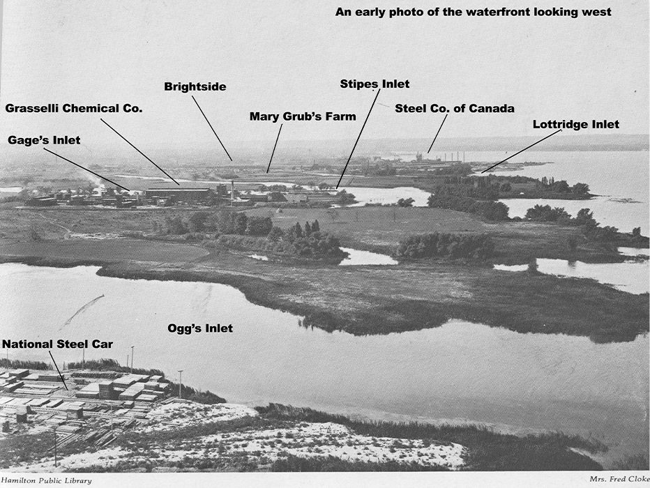 An annotated photo of the waterfront and inlets looking west.