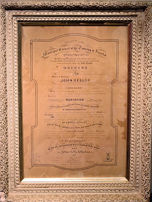 Framed document for John Heslop the first Reeve of Ancaster, elected in 1851.
