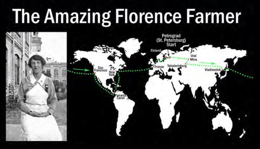 The nurse Florence Farmer in uniform and a map of her travels around the world.