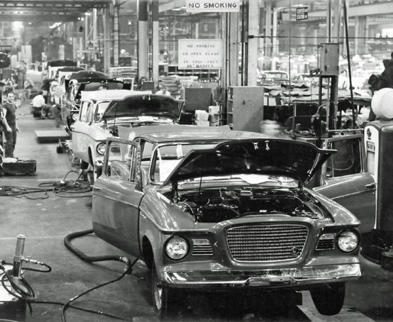 Studebaker Lark compact cars on the assembly line.