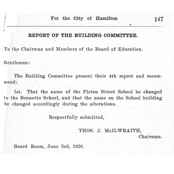 Notice of Picton Street School name change from Board Minutes 1920.