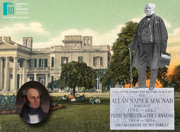 Images of a man, a grand house, gardens and a tombstone.