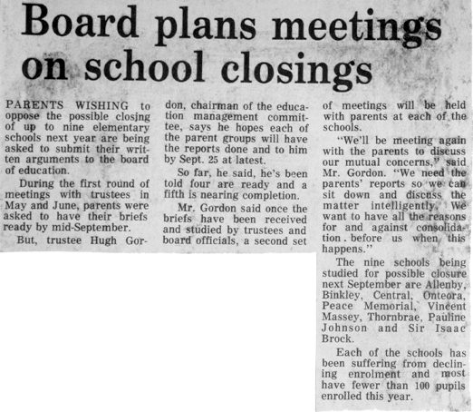 Newspaper clipping Board of Education plans meetings on school closings.