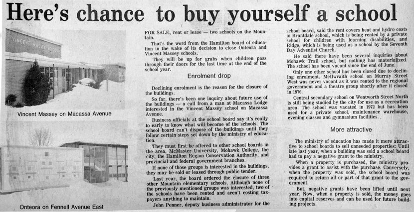Newspaper clipping advertising two mountain schools for sale, rent or lease.