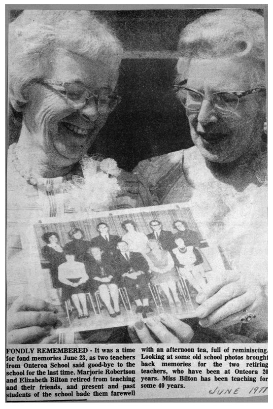 Newspaper clipping celebrating the careers of two retiring teachers who taught at Onteora School.