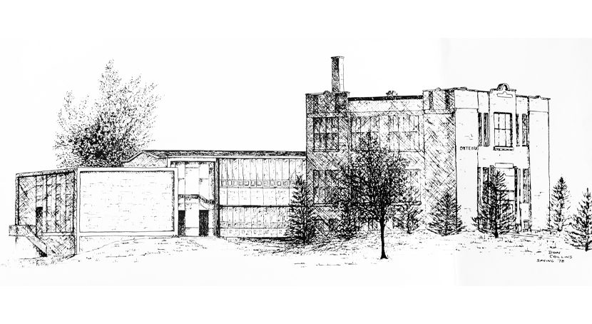 Street view sketch of a large box like classic building with modern additions on a spacious lot with trees.