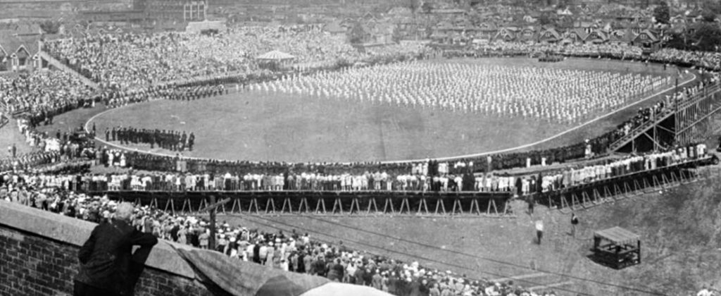 Crowds attend the opening ceremony of the Empire Games 1930.