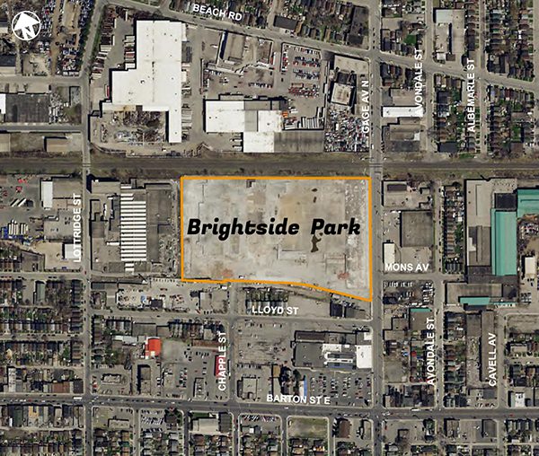 New Brightside Park site, north of Lloyd Street along Gage Avenue North and south of the CN rail lines.