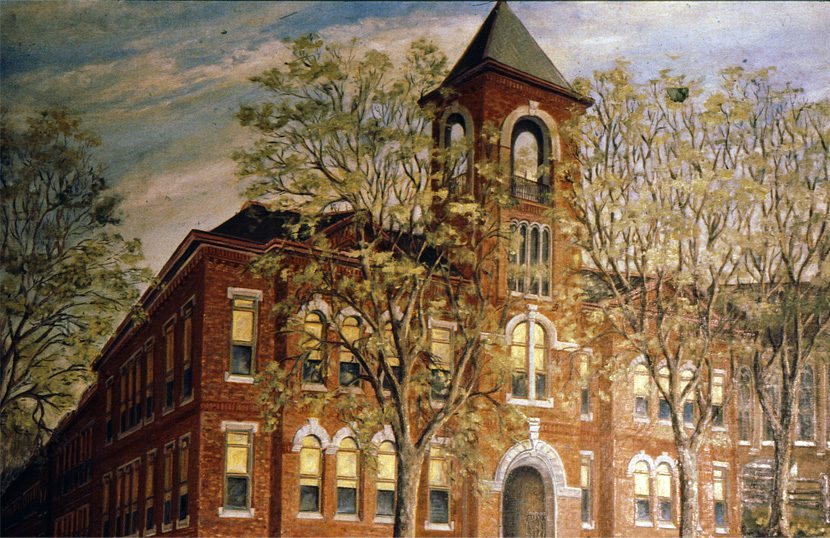 Painted portrait of Picton Street School in early spring.